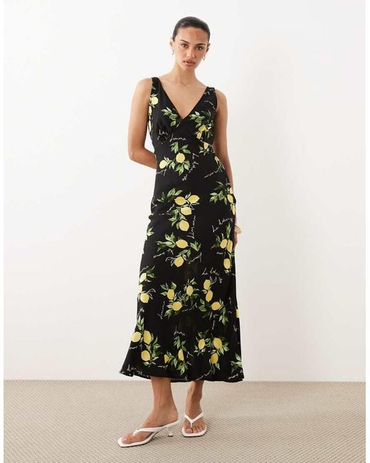 New Look Black Lemon Print V Neck Midi Dress
