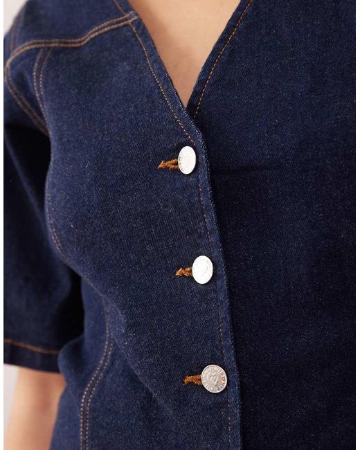 Miss Selfridge Denim Top Met Pofmouwen in het Blue
