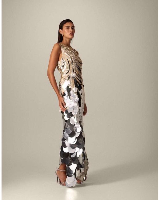 ARRANGE Natural Wavey Linear Embellished High Neck Square Hem Maxi Dress