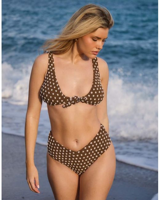 South Beach Brown Textured Spot Knot Front Bikini And V Waist Briefs