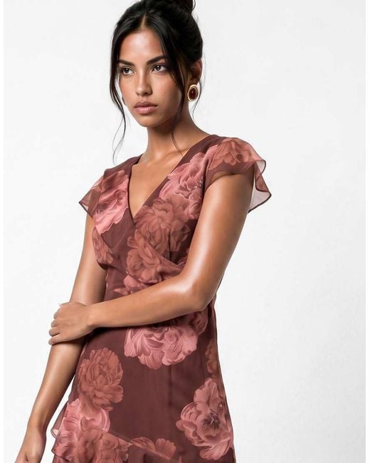 ANAYA Red Floral Print Faux Wrap Ruffle Maxi Dress