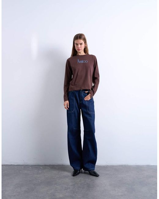 TOPSHOP Recht T-Shirt Met Lange Mouwen En Grafische Amico-Print in het Blue