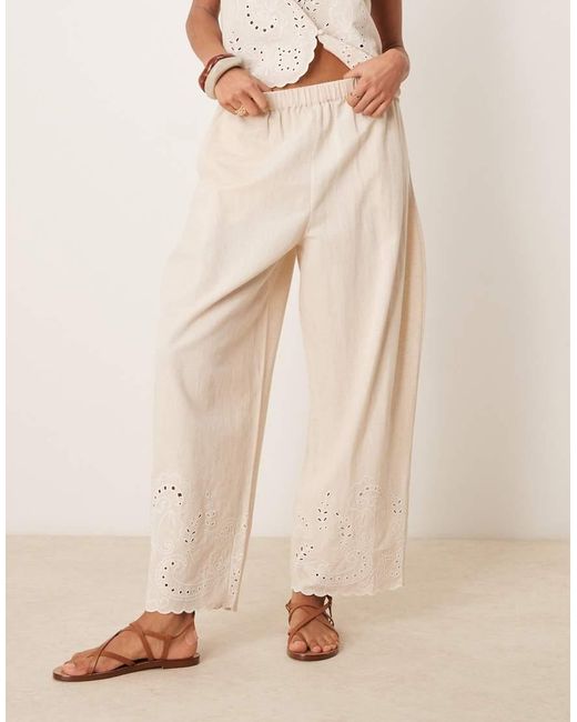 ASOS Natural Linen Blend Scalloped Edge Embroidered Wide Leg Pants