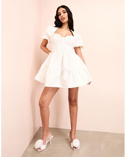 ASOS Natural Puff Sleeve Corsetted Mini Skater Dress