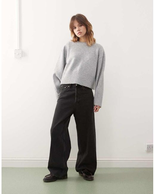 Monki Gray Crew Neck Knit Sweater With Ribbed Cuffs And Hem