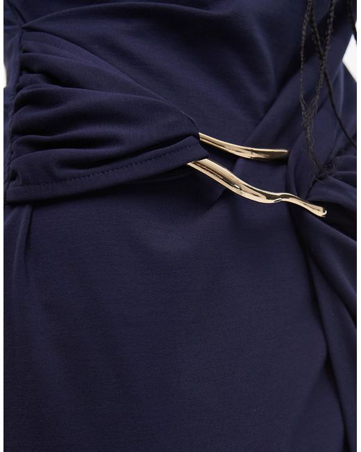 & Other Stories Blue Jersey Midi Dress With Drape Wrap Clasp And Asymmetric Off Shoulder