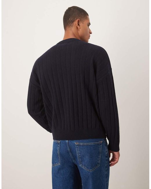 ASOS Blue Oversized Knitted Lambswool Rib Crew Neck Jumper for men