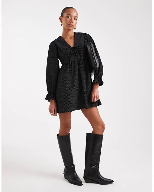 Wednesday's Girl Black Collar Detail Dot Cord Mini Smock Dress