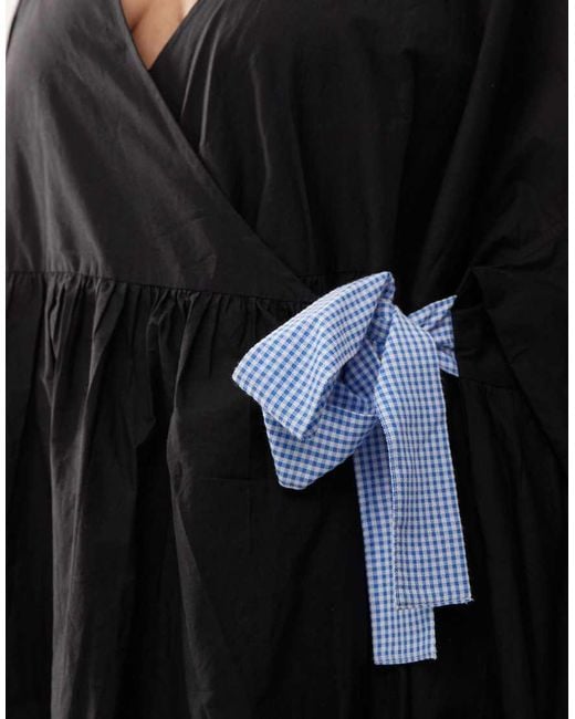 Collusion Black Plus Oversized Wrap Maxi Smock Dress With Contrast Gingham Ties