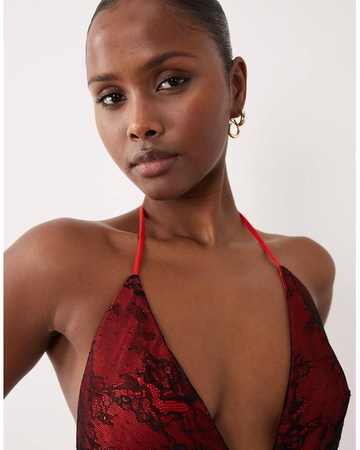 Bardot Red Estrella Exclusive Halter Maxi Dress With Lace Detail