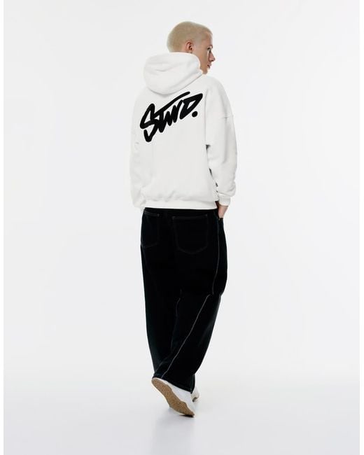 Pull&Bear White Stwd Embroidered Logo Hoodie for men