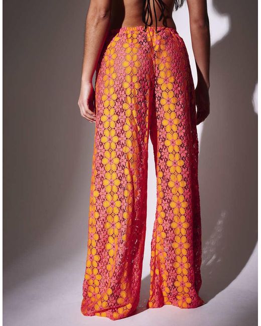South Beach Multicolor Floral Crochet Wide Leg Beach Trousers