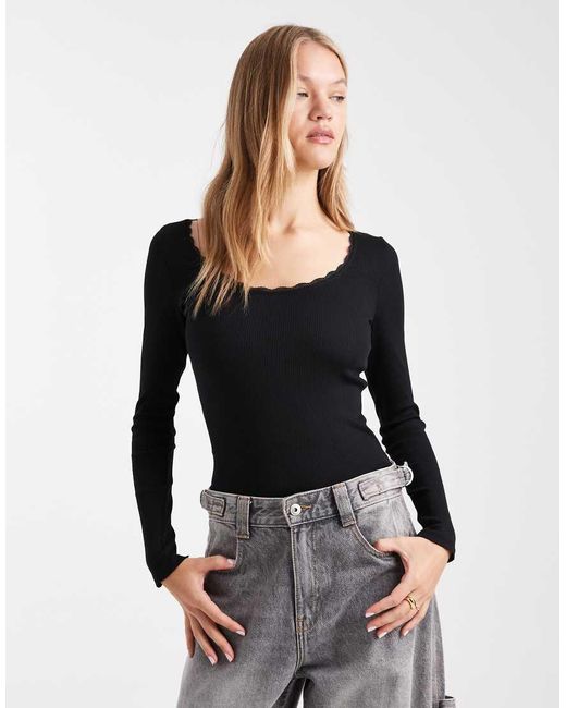 New Look Black Square Neck Lace Trim Top