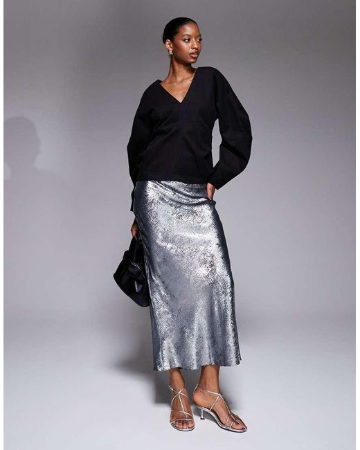 New Look Blue Foil Metallic Satin Midi Skirt