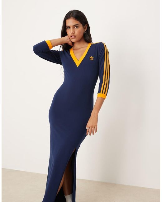Vestido Largo Azul Añil Nocturno Y Naranja Deportivo Con 3 Rayas Adicolor Classics De -Morado Adidas Originals de color Blue