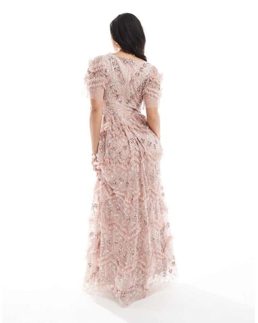 Maya Pink Fully Embellished Short Sleeve V Neck Ruffle Maxi Dress