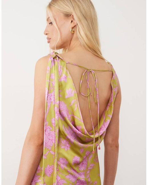 Hope & Ivy Natural Satin Cowl Neck Scarf Midi Dress