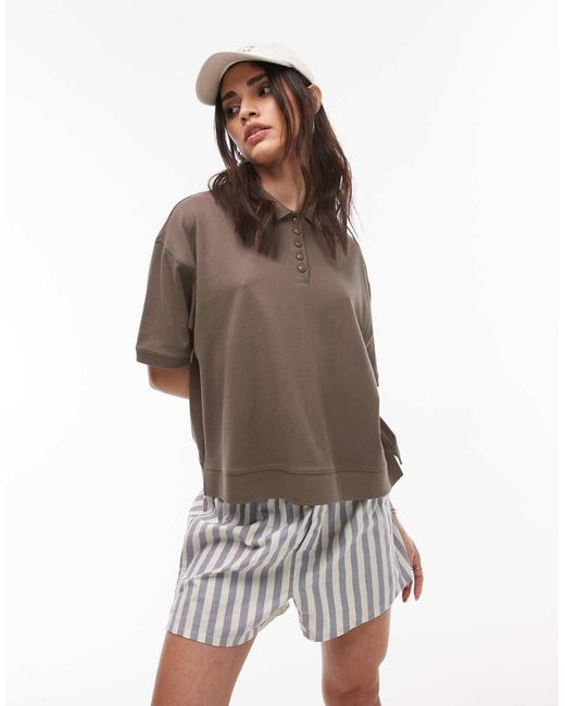 TOPSHOP Brown Short Sleeve Boxy Polo