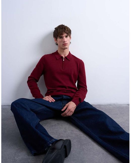 Topman Red Essential Knitted Zip Polo for men