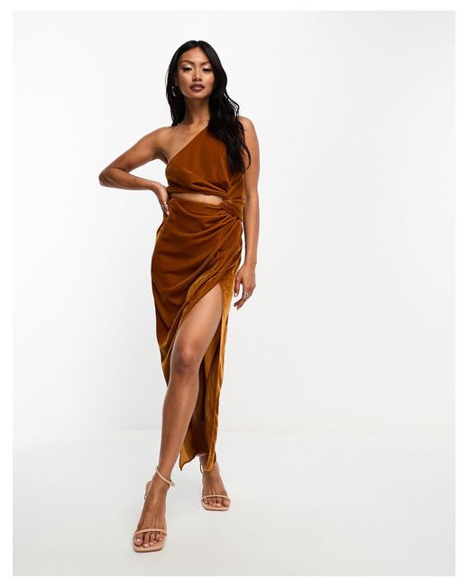 ASOS Brown Velvet Knot Detail Midaxi Dress With Cut Out Detail
