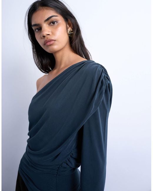 TOPSHOP Blue Cupro Ruched One Sleeve Top