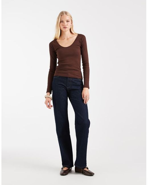 ASOS Brown Ribbed Deep Scoop Neck Ong Sleeve