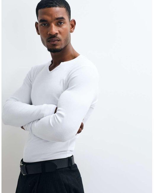 ASOS White Muscle Fit Long Sleeve T-shirt With Notch Neck for men