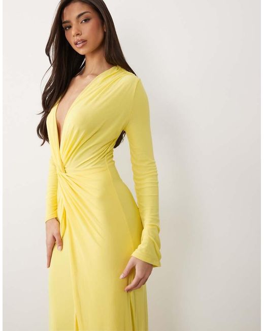 ASOS Yellow Mesh Deep Plunge Long Sleeve Maxi Dress With Twist Knot Detail