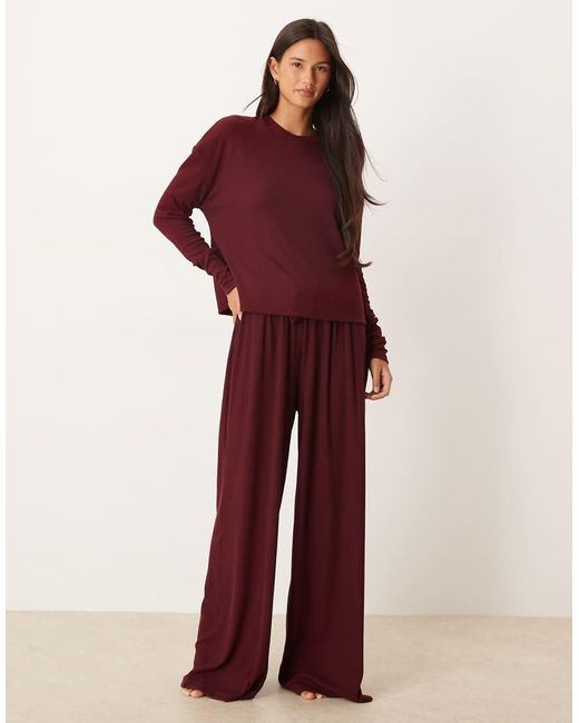 ASOS Red Mix & Match Rib And Velvet Trim Long Sleeve Top