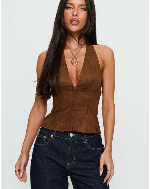 Princess Polly Blue Dalyah Faux Suede Plunge Halterneck Top