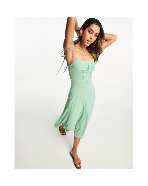 ASOS Green Textured Strappy Midi Tea Dress With Hook And Eye Detail