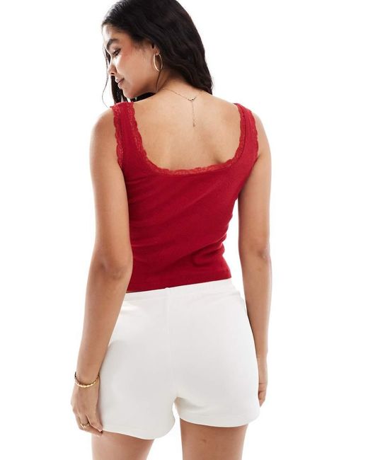 ASOS Red Pointelle Vest With Lace Trim And Bow Trim