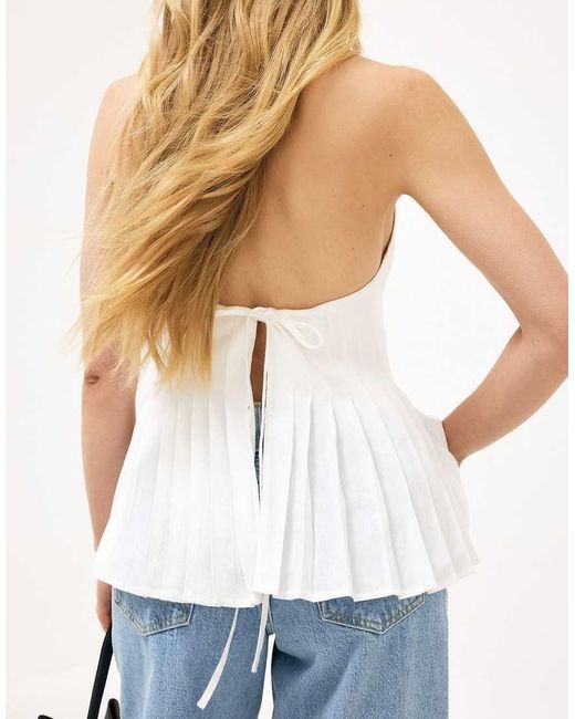 NA-KD Blue Linen Blend Pleated Halterneck Top