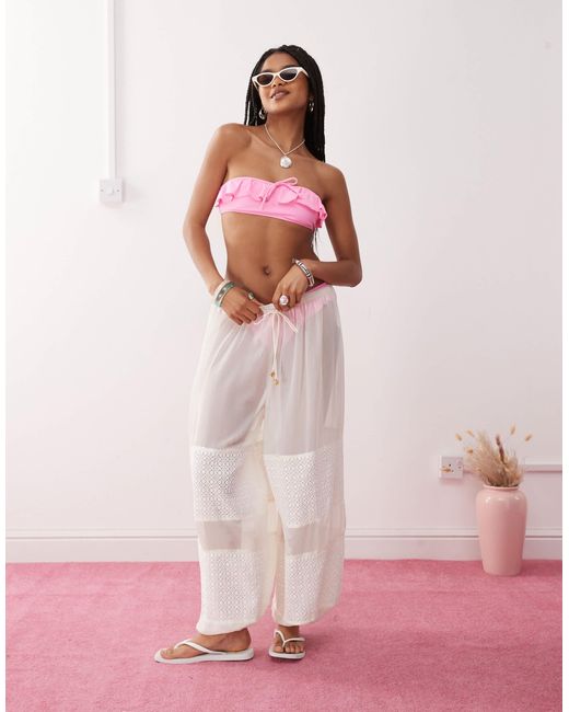Reclaimed (vintage) Pink Pull On Balloon Beach Trouser With Lace Inserts And Adjustable Ties