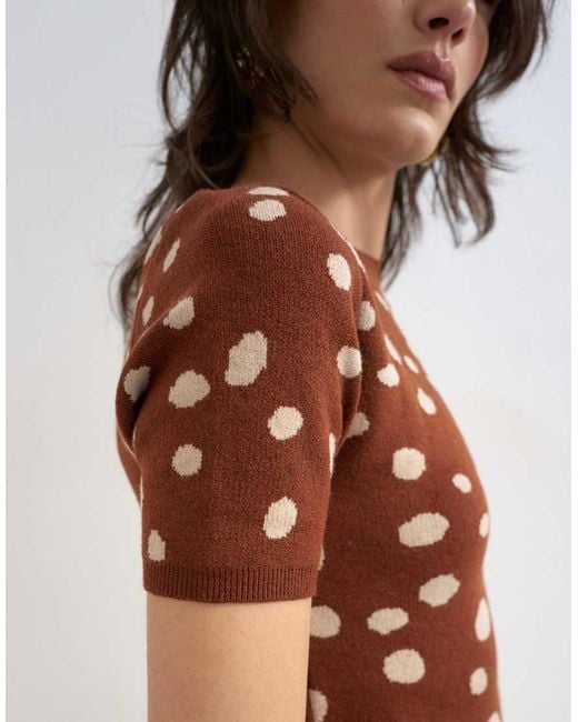 TOPSHOP Brown Knitted Deer Print Fitted Short Sleeve T-Shirt