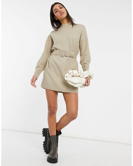 Knitted Belted Mini Dress in Natural 