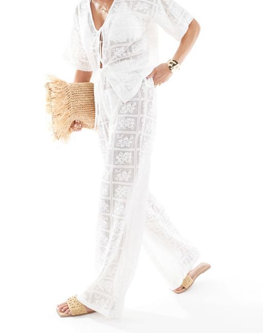 4th & Reckless White Crochet Lace Wide Leg Trouser Co-ord