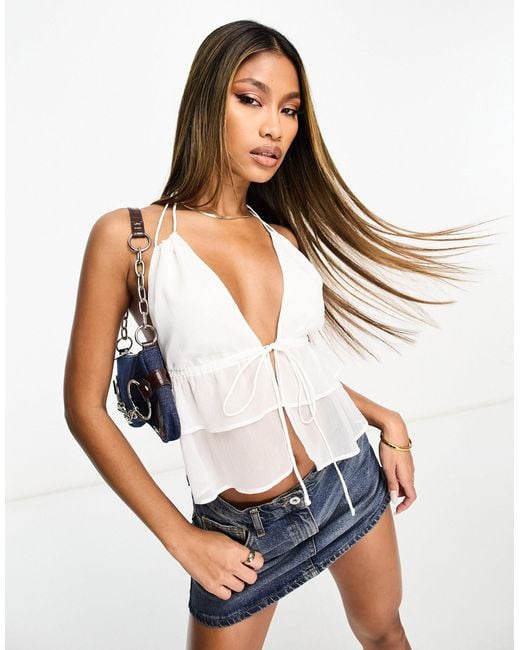 AsYou Plunge Tie Front Halter Top in White
