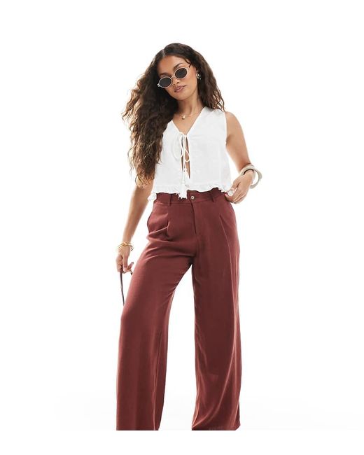 Miss Selfridge Red Linen Blend Tailo Wide Leg Pants