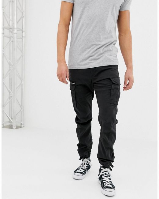 Jack & Jones Denim Intelligence Slim Fit Cargo Trousers in Black ...