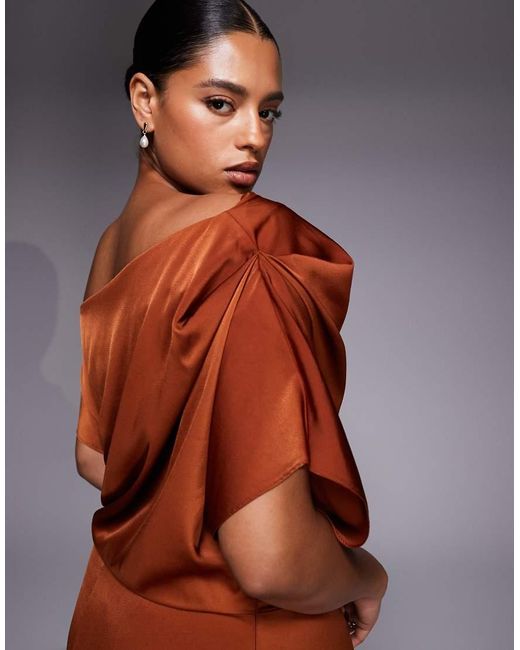 ASOS Brown Asos Design Curve Exclusive Satin Fallen Shoulders Side Slit Maxi Dress