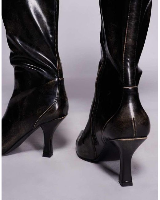 Public Desire Black Levitate Pointed Toe Knee Boots With Vintage Heels