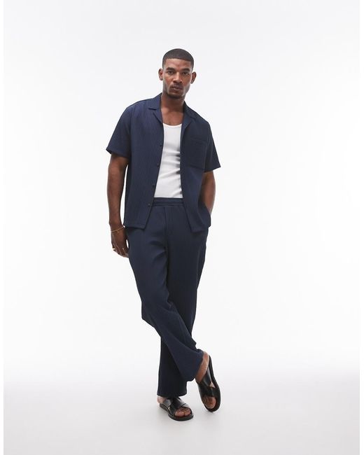 Topman Blue Co-ord Wide Leg Plisse Trousers for men