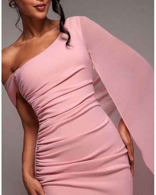 Goddiva Pink One Shoulder Cape Sculpting Stretch Jersey & Chiffon Maxi Dress