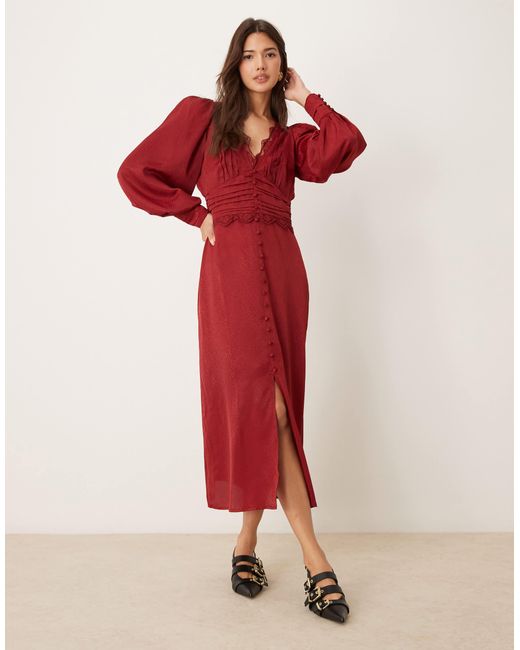 Miss Selfridge Red Satin Jacquard Button Through Lace Trim Midi Dress