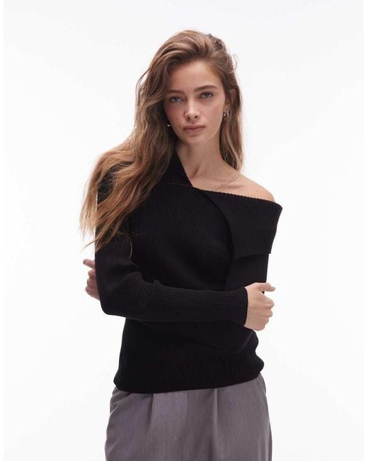 & Other Stories Black Knitted Top With Asymmetric Off Shoulder Collar
