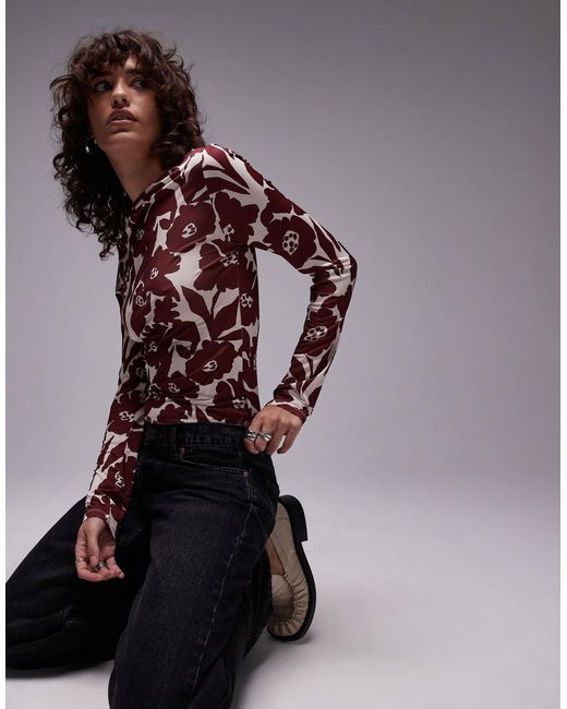 TOPSHOP Red – langärmliges oberteil aus mikrofaser mit em blumenmuster
