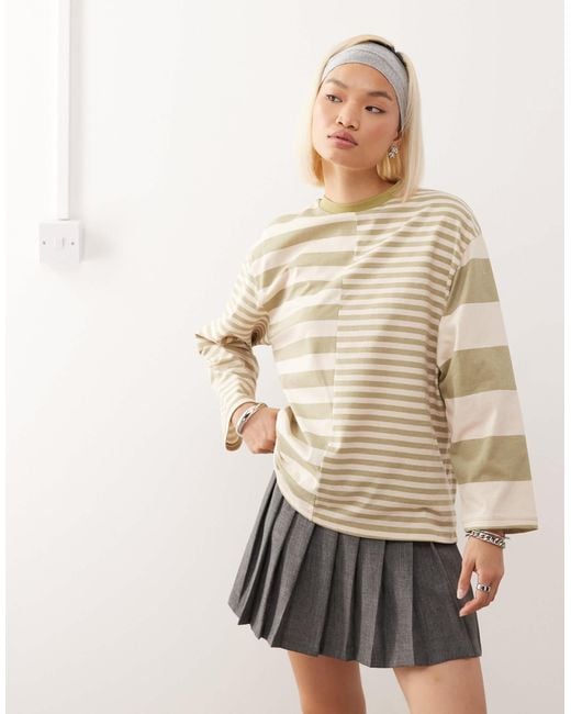 Reclaimed (vintage) Natural Spliced Mixed Stripe Long Sleeve Tee