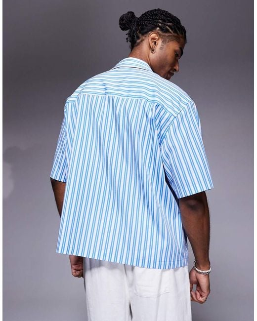 Camisa Azul A Rayas De Corte Cuadrado Extragrande Con Bordado En El Pecho De ASOS de hombre de color Blue