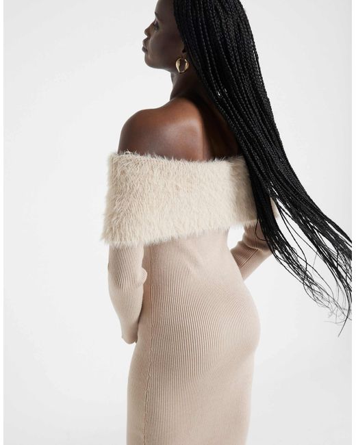 River Island Natural Bardot Knitted Midi Dress With Fluff Detail